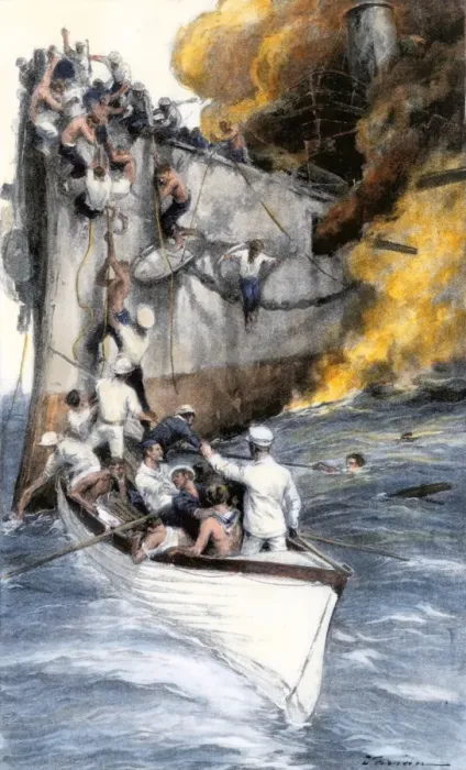 Framed Print : Rescue of a Spanish crew by American sailors, Battle of Santiago