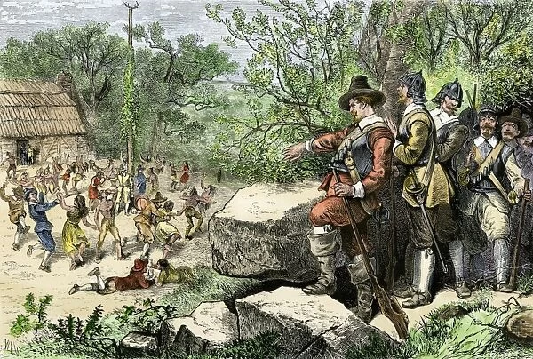 Revelry at Merrymount in colonial Massachusetts, 1600s
