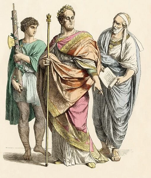 Roman emperor, with a lictor bearer and poet.. Antique hand-colored print
