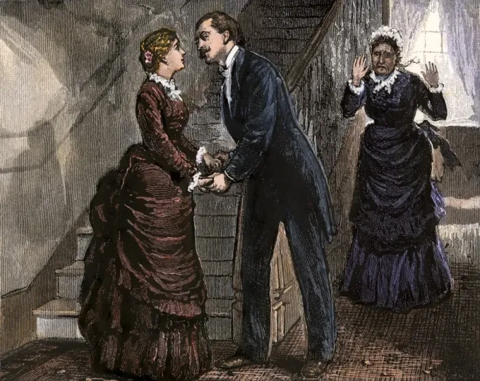 Framed Print : Romantic moment discovered, 1800s Framed Print : Romantic moment discovered, 1800s