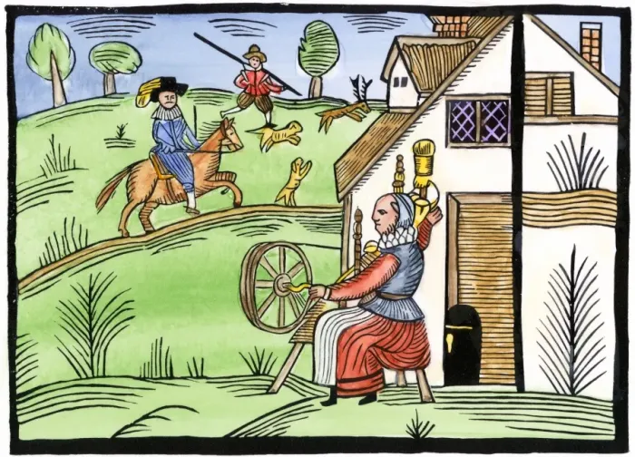 Framed Print : A rural English cottage, with a woman spinning Framed Print : A rural English cottage, with a woman spinning