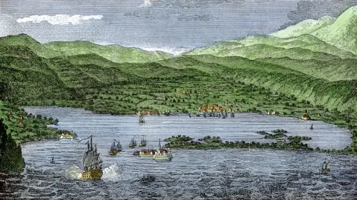 Framed Print : Sailing-ship firing on a fort in Jamaica during colonial times