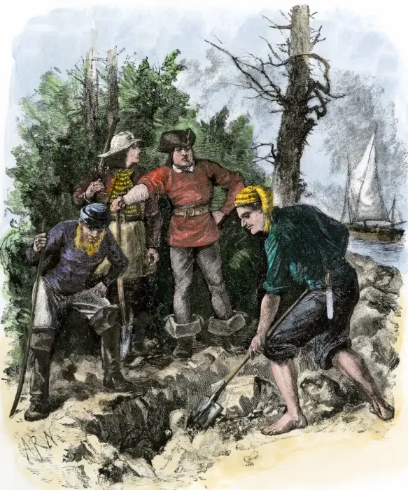Framed Print : Sailors digging for Captain Kidds pirate treasure