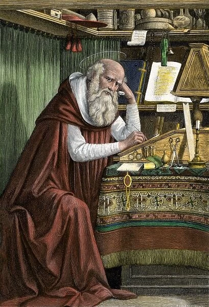Saint Jerome translating the Bible into Latin, known as the Vulgate.