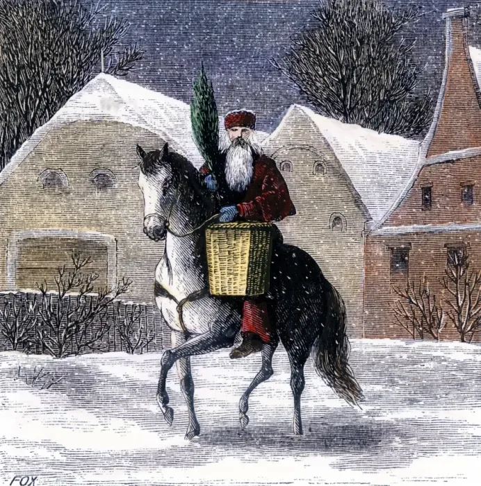 Framed Print : Saint Nicholas riding into a village carrying a basket and an evergreen bough Framed Print : Saint Nicholas riding into a village carrying a basket and an evergreen bough