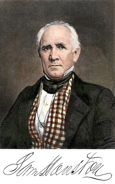 Sam Houston, with his autograph.. Hand-colored engraving of a 19th-century portrait