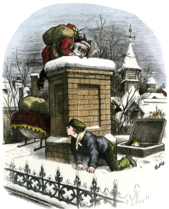 Framed Print : Santa Claus on a rooftop hiding from a boy Framed Print : Santa Claus on a rooftop hiding from a boy