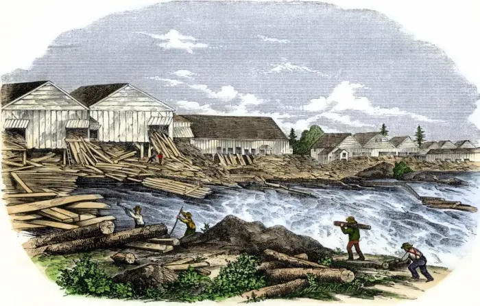 Framed Print : Sawmills in Maine, 1850s Framed Print : Sawmills in Maine, 1850s