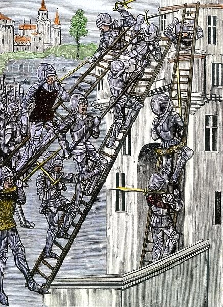 Scaling walls of a fort during the Hundred Years War
