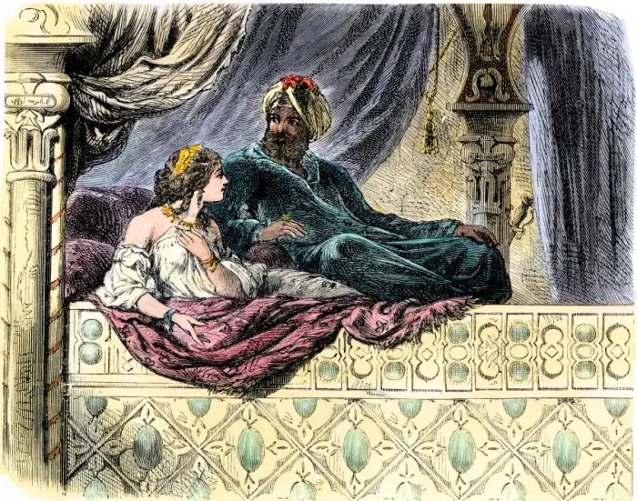 Framed Print : Schahriar hearing one of the 1001 Nights stories from Sheherazade