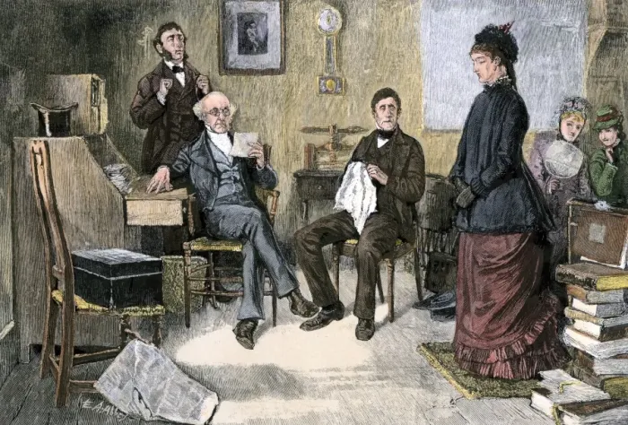 Framed Print : School board interviewing a teacher, 1800s Framed Print : School board interviewing a teacher, 1800s
