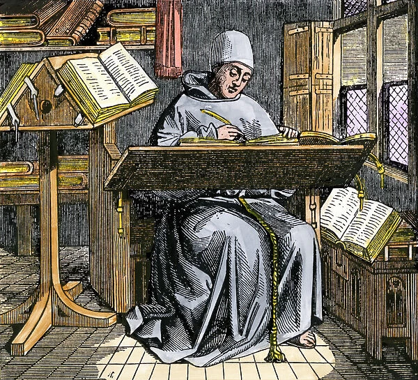 Scribe copying manuscripts in the Middle Ages For sale as Framed