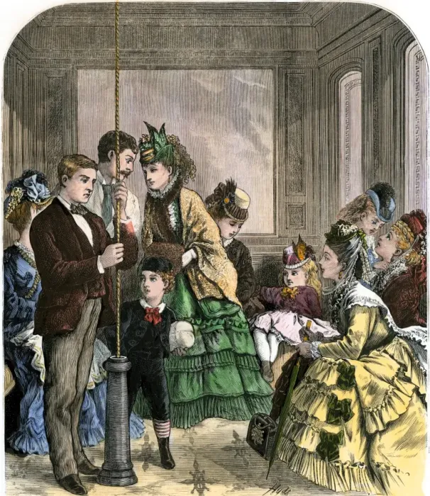 Framed Print : Shoppers in the new elevator at Lord & Taylors store on Broadway Framed Print : Shoppers in the new elevator at Lord & Taylors store on Broadway