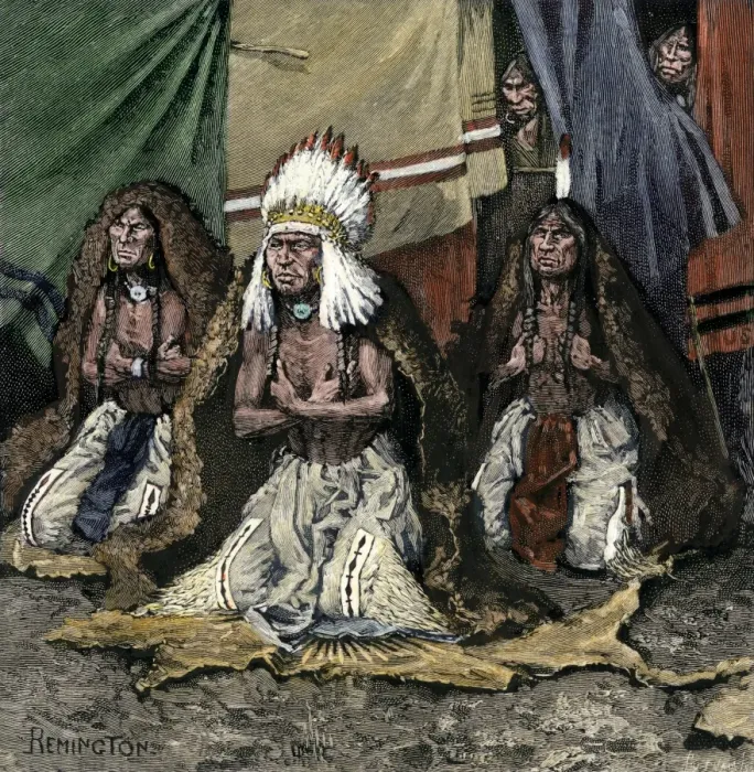 Framed Print : Sioux leaders ceremonially facing the setting sun Framed Print : Sioux leaders ceremonially facing the setting sun
