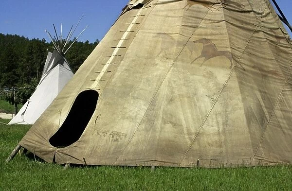 Sioux tepees. Sioux tipis, Wicoti Living History Lakota Encampment, Black Hills, SD.