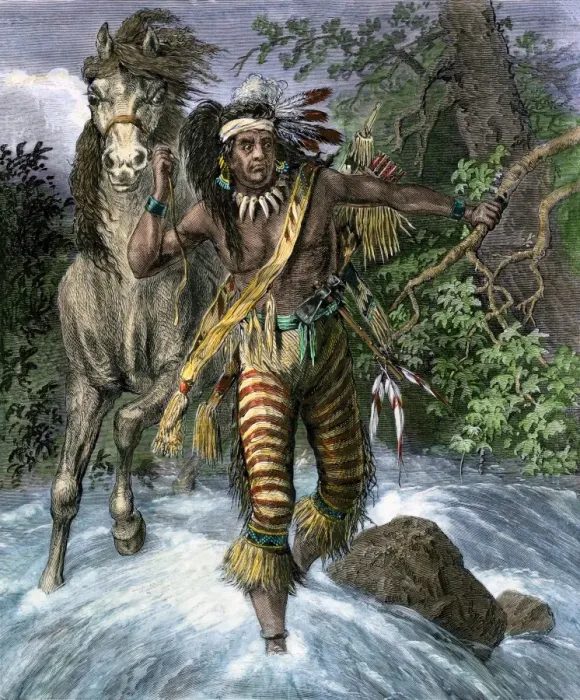 Framed Print : Sitting Bull eluding pursuers by leaving no trail in a rushing stream