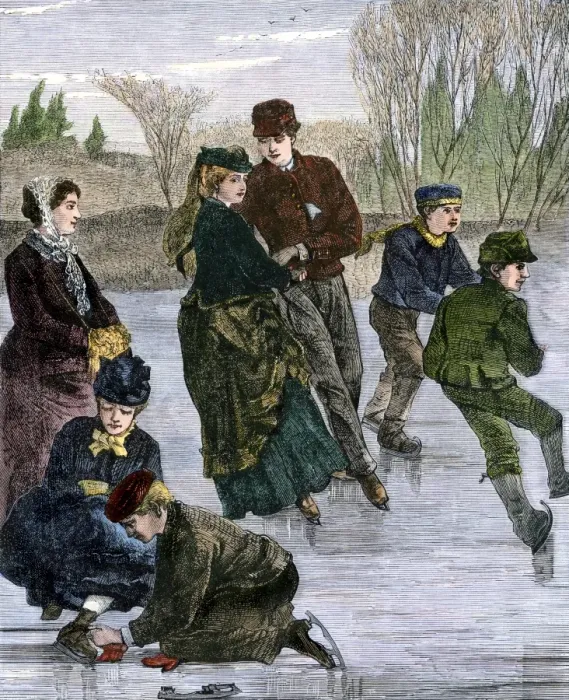 Framed Print : Skating on a pond in winter, 1800s Framed Print : Skating on a pond in winter, 1800s
