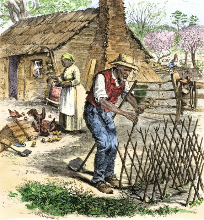 Framed Print : Former slave couple in spring outside their cabin in Virginia after the Civil Framed Print : Former slave couple in spring outside their cabin in Virginia after the Civil