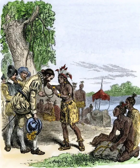 Framed Print : De Soto greeted by native Cofitachequi queen in Carolina