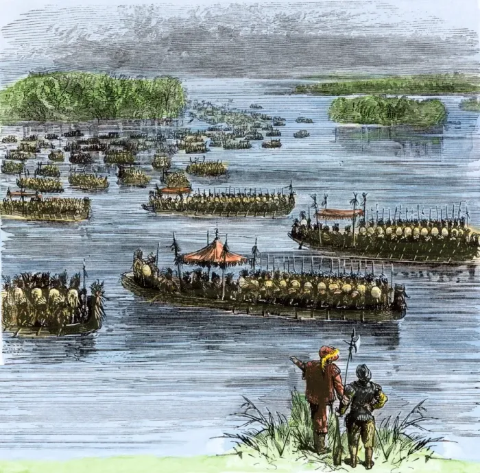 Framed Print : De Sotos expedition met by Chief Aquixos Native Americans in canoes Framed Print : De Sotos expedition met by Chief Aquixos Native Americans in canoes