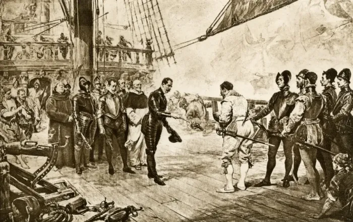 Framed Print : Spanish Armadas admiral surrenders his sword to Francis Drake Framed Print : Spanish Armadas admiral surrenders his sword to Francis Drake