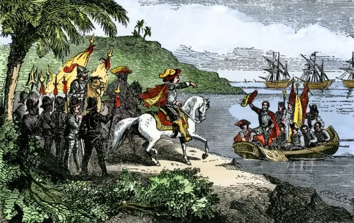 Framed Print : Spanish explorer Hernando De Soto landing his expedition in Florida