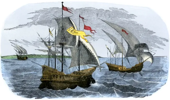 Framed Print : Spanish ships of Hernando Cortes sailing to Mexico Framed Print : Spanish ships of Hernando Cortes sailing to Mexico