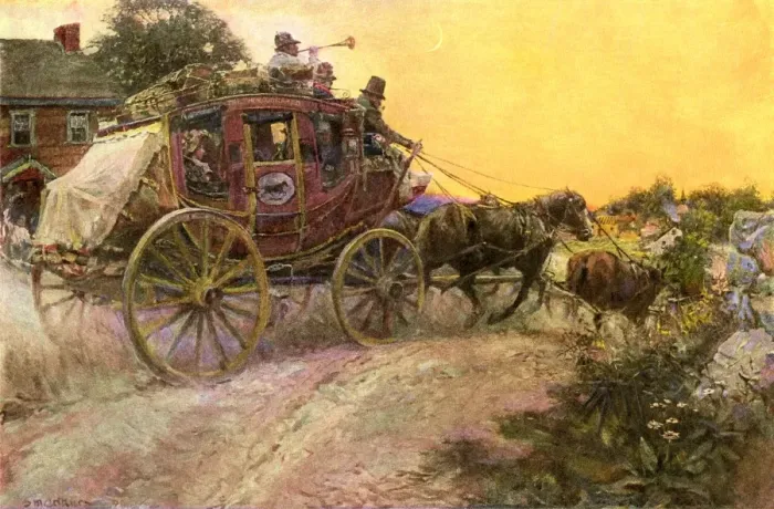 Framed Print : Stagecoach approaching a village on the post road Framed Print : Stagecoach approaching a village on the post road