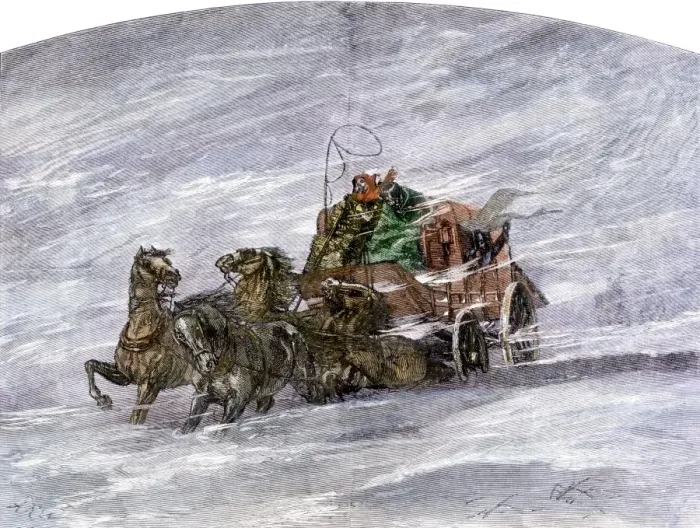 Framed Print : Stagecoach caught in a prairie blizzard Framed Print : Stagecoach caught in a prairie blizzard