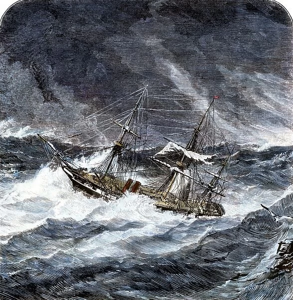 UNITED STATES STEAM-SHIP OSSIPEE IN A CYCLONE HIGH WAVES NAUTICAL STORM SEASCAPE 