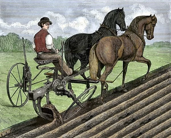 Sulky plow, 1800s. Farmer riding a sulky plow drawn by a pair of horses, circa 1890.