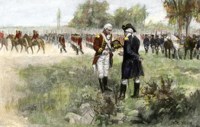 Framed Print : Surrender of British commander Burgoyne to American General Gates at Saratoga Framed Print : Surrender of British commander Burgoyne to American General Gates at Saratoga