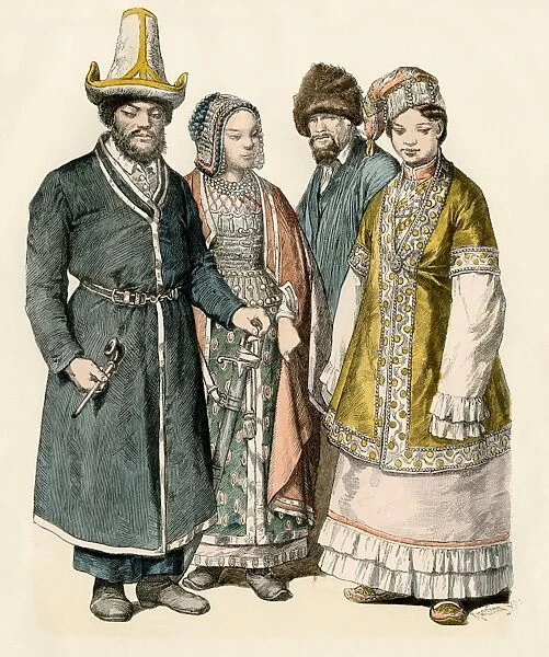 Tartars of Russia. Russian Tartars in their native attire. Antique hand-colored print