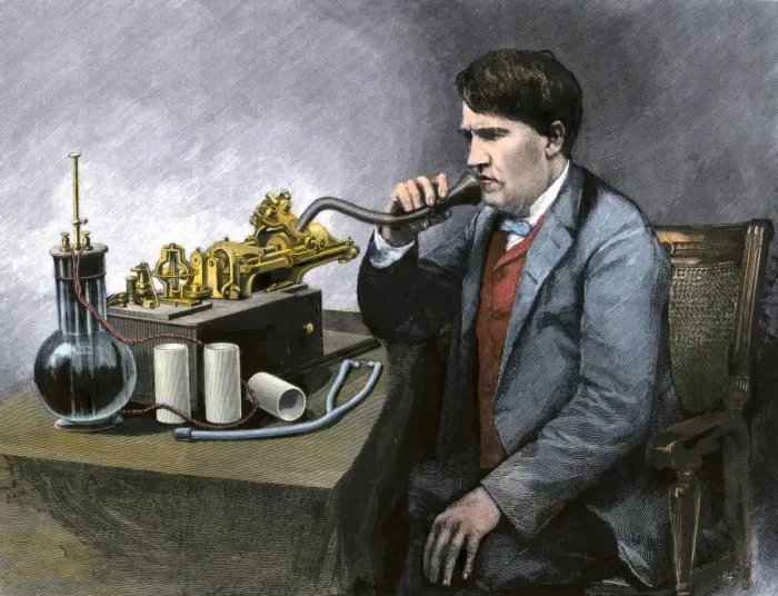 Framed Print : Thomas Edison speaking through his perfected phonograph Framed Print : Thomas Edison speaking through his perfected phonograph