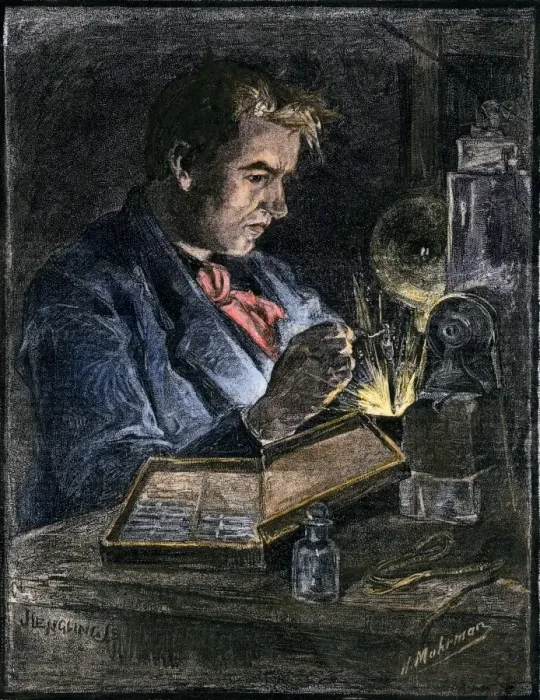 Framed Print : Thomas Edison in his workshop, 1870s Framed Print : Thomas Edison in his workshop, 1870s