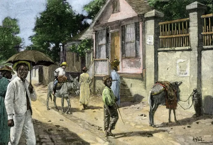 Framed Print : Townspeople on a Jamaica street, 1890s
