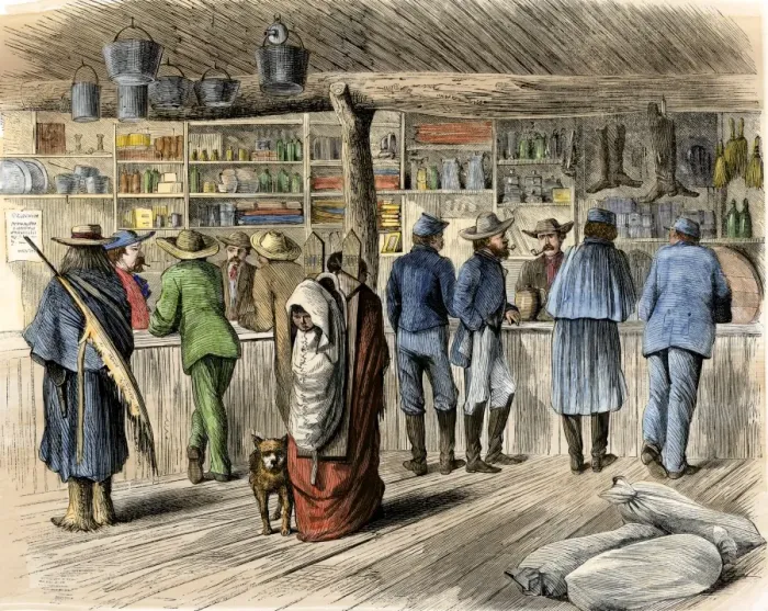 Framed Print : Traders and soldiers in the sutlers store at Fort Dodge Framed Print : Traders and soldiers in the sutlers store at Fort Dodge