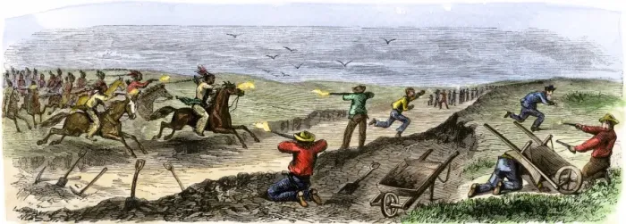 Framed Print : Transcontinental railroad workers attacked by Native Americans Framed Print : Transcontinental railroad workers attacked by Native Americans