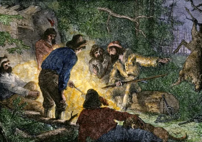 Framed Print : Trappers and woodsmen exchanging stories around a campfire Framed Print : Trappers and woodsmen exchanging stories around a campfire