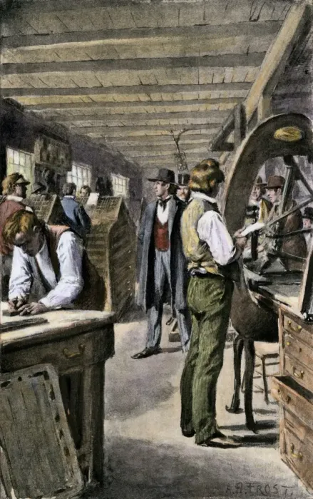 Framed Print : Typesetters and printers at work in a print shop Framed Print : Typesetters and printers at work in a print shop