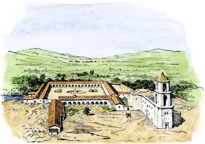 Framed Print : Typical arrangement of a Spanish colonial mission settlement in North America