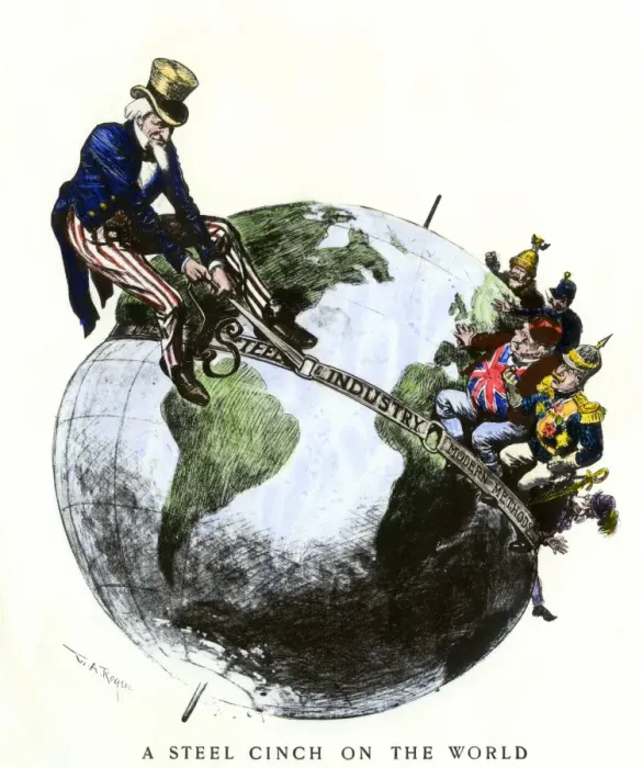 Framed Print : Uncle Sam applying a steel cinch on the globe