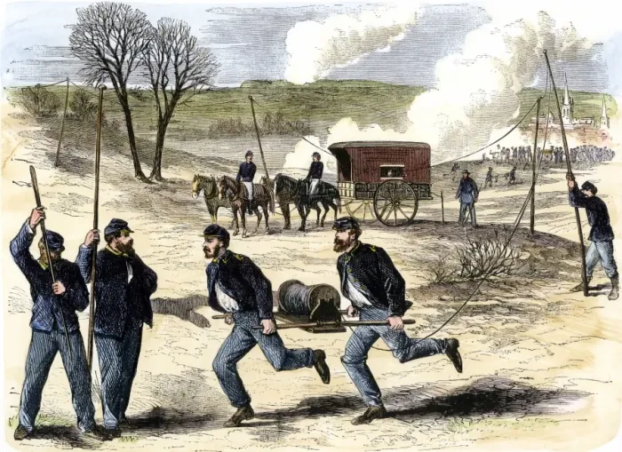 Framed Print : Union Army Signal Corps setting up telegraph wire during a Civil War battle Framed Print : Union Army Signal Corps setting up telegraph wire during a Civil War battle