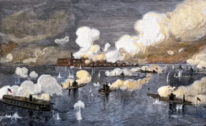 Framed Print : Union fleet bombarding Fort Sumter to retake Charleston harbor from