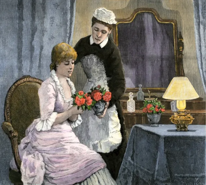 Framed Print : Victorian lady and her maid admiring a bouquet, 1800s Framed Print : Victorian lady and her maid admiring a bouquet, 1800s