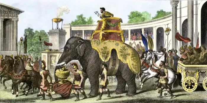 Framed Print : Victorious Hannibal on an elephant bringing trophies