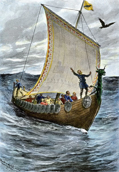 Viking ship at sea. Norsemen at sea following their raven pilot.