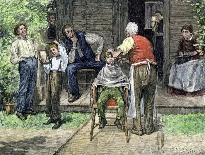Framed Print : Village boys getting haircuts, 1800s