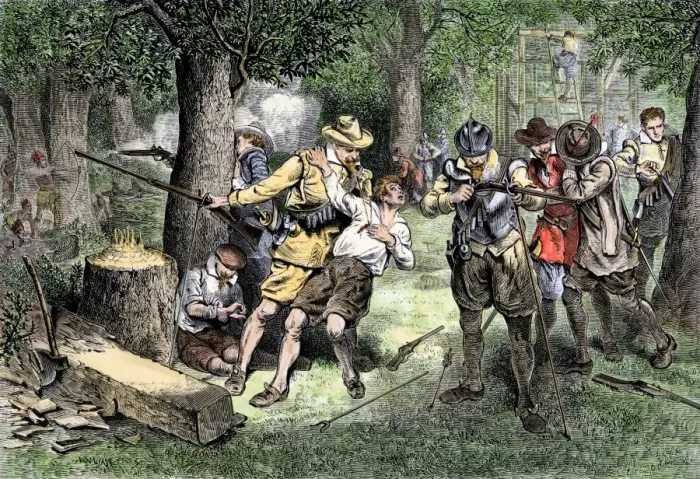 Framed Print : Virginia colonists under attack by Native Americans Framed Print : Virginia colonists under attack by Native Americans
