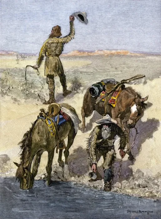 Framed Print : Wagon train scouts signal location of a water hole Framed Print : Wagon train scouts signal location of a water hole